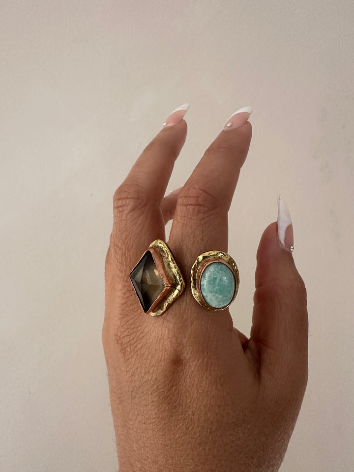 KA28 Smoky Quartz & Amazonite Adjustable Ring